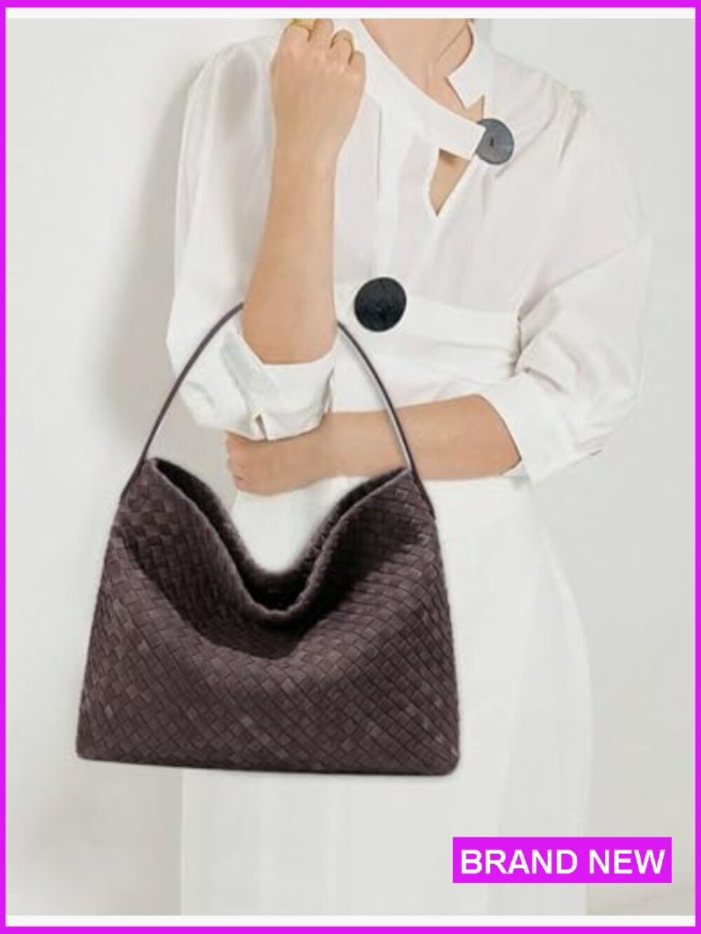 Woven Suede Shoulder Bag Tote Purse Handmade Vegan Leather Hobo Handbag - Picture 3 of 6